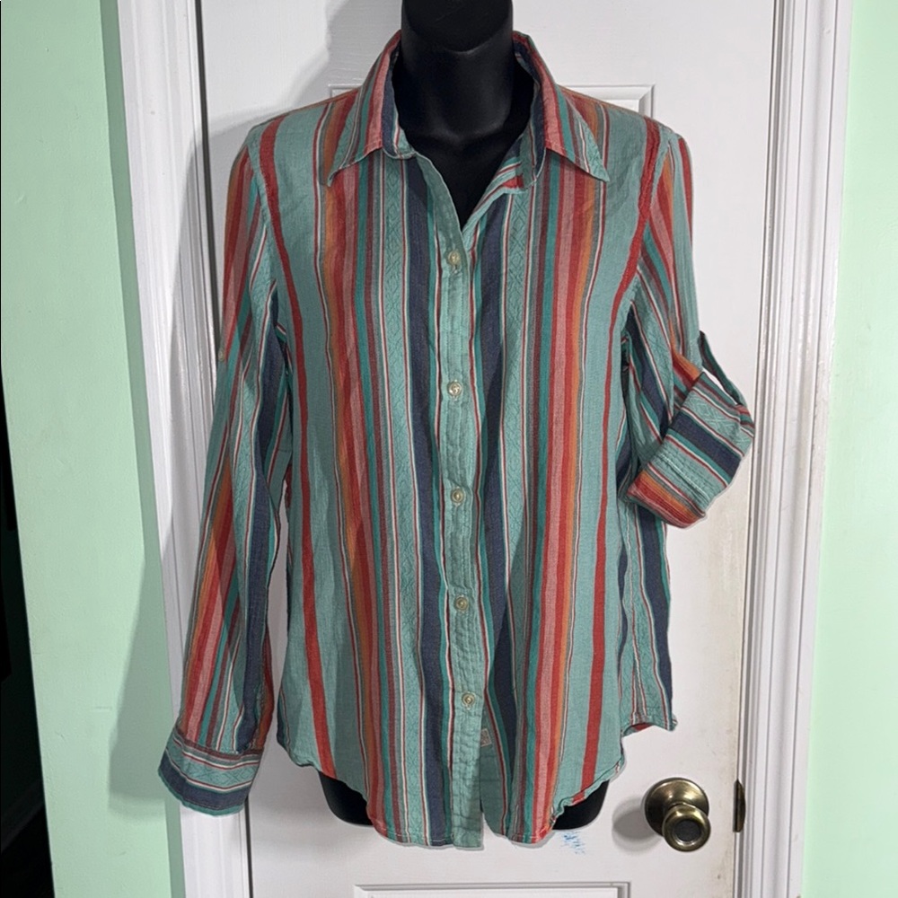 Ralph Lauren Jeans Co Teal, Coral & Navy Vintage Striped Button-Up Shirt Size M